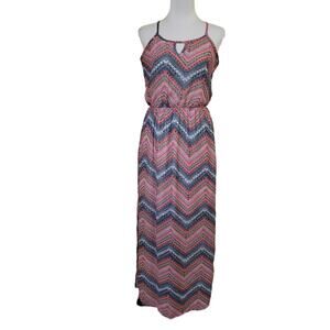 Love Ryan Zig Zag Stripe Elastic Waist Spaghetti Strap Keyhole Maxi Dress - S